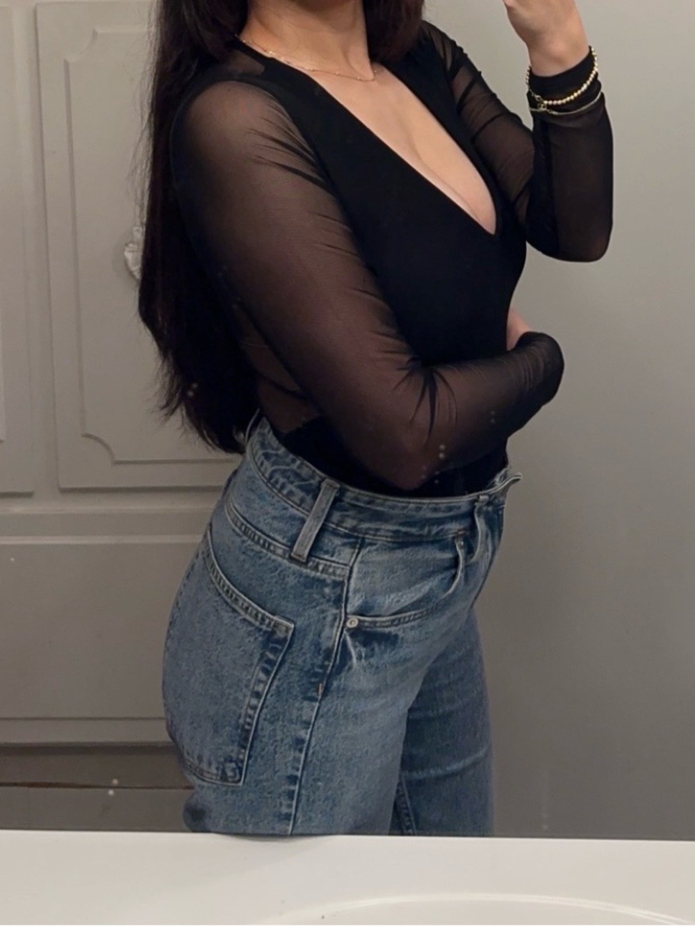 Klassy Network built in bra Long Sleeve mesh Bodysuit Like New